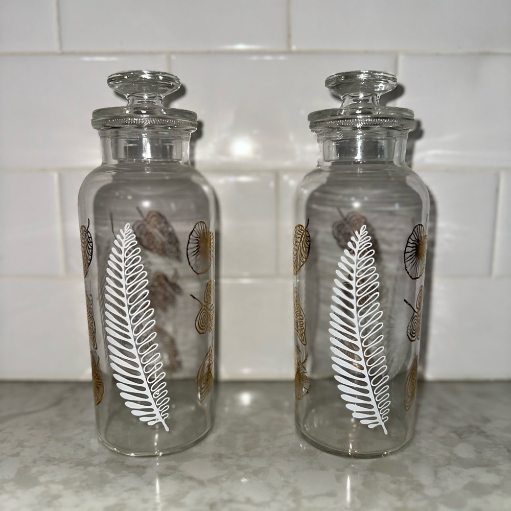 VINTAGE Glass Apothecary Jars with Gold  Leaf Design